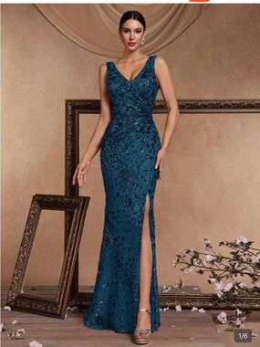 Embellished Teal Formal Gown with Thigh Slit